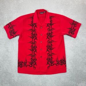 ODO Mens Red Black Tribal Graphic Button Up Shirt Y2K Cyber Mall Goth Medium‎